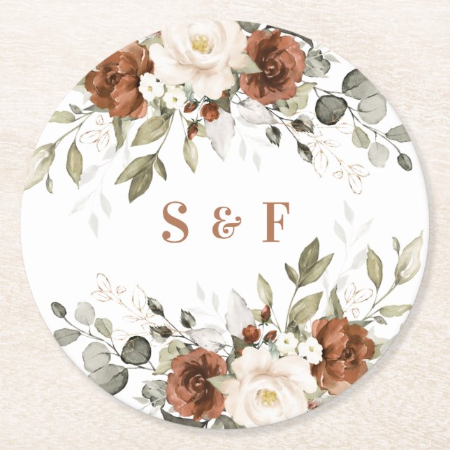 Floral Rust Greenery Gold Wedding  Round Paper Coaster (Front)