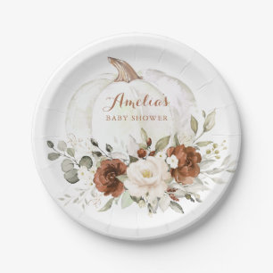 Floral Rust Greenery Pumpkin Fall Baby Shower Paper Plate