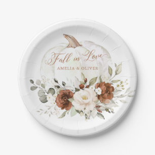 Floral Rust Greenery Pumpkin Wedding Fall in Love Paper Plate