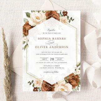 Floral Rust Peach Greenery Gold Geometric Wedding Invitation