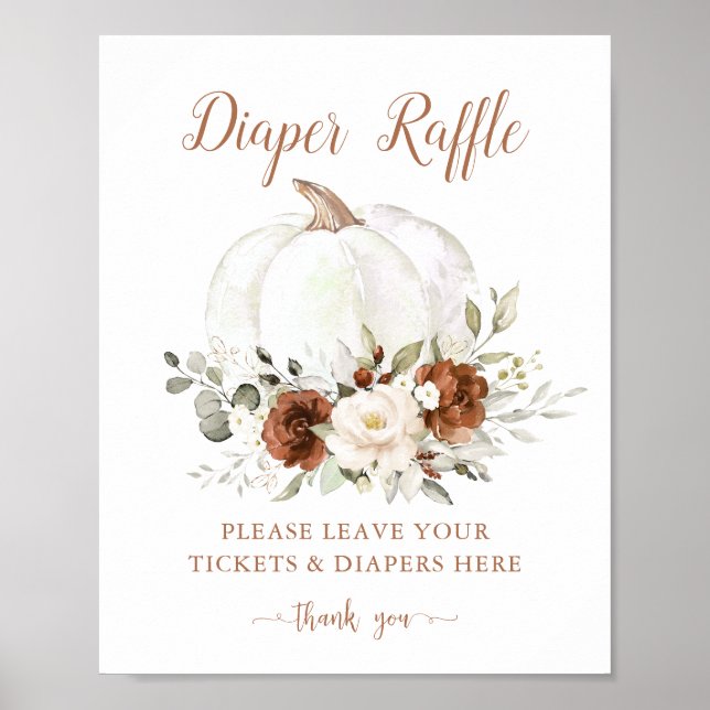 Floral Rust Pumpkin Fall Baby Shower Diaper Raffle Poster (Front)