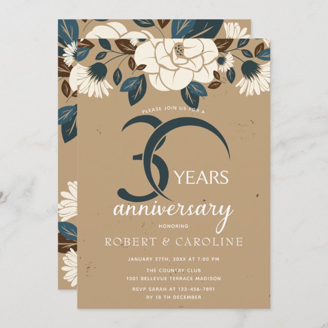 Floral Rustic 30th Wedding Anniversary Invitation (Front/Back)