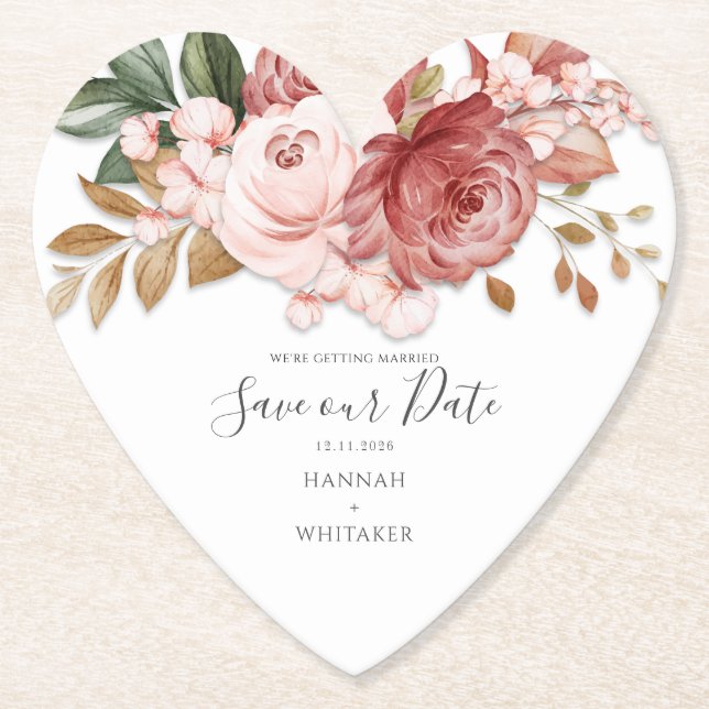 Floral Rustic Botanical Bloom Save the Date Paper Coaster (Front)