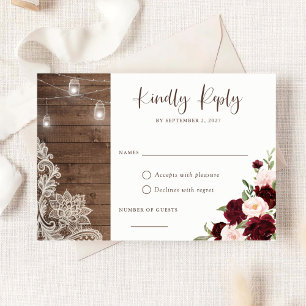Floral Rustic Burgundy Wood Lace String Lights Invitation