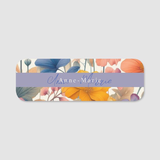 Floral rustic colourful bohemian botanical name tag (Front)