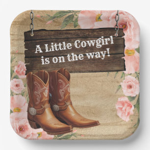 Floral Rustic Cowgirl Boots Baby Shower Paper Plate