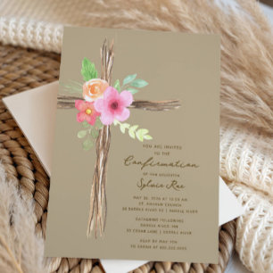 Floral Rustic Cross Confirmation Invitation