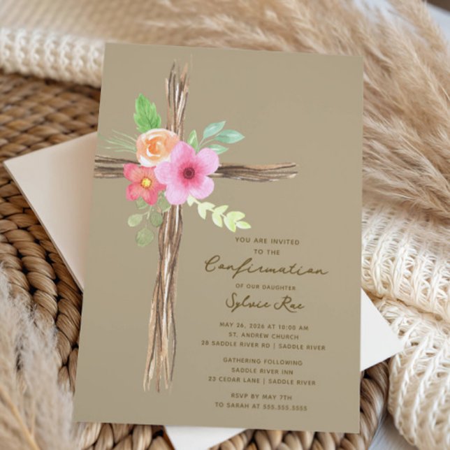 Floral Rustic Cross Confirmation Invitation (Créateur téléchargé)