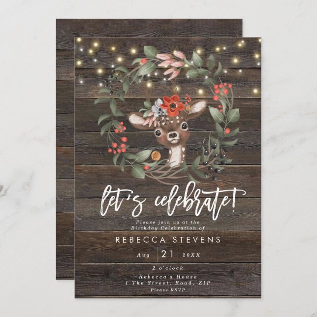 floral rustic deer let's celebrate birthday invitation (Front/Back)