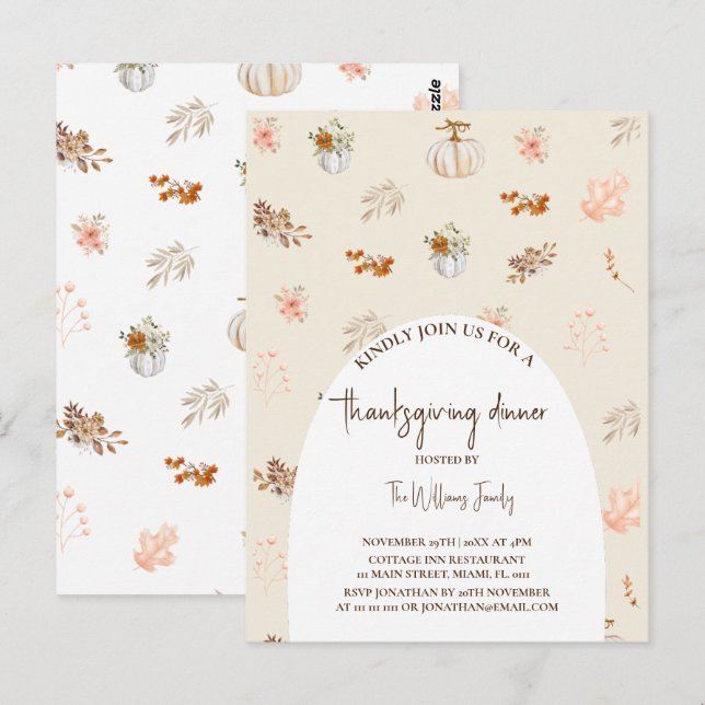 Floral Rustic Fall Pumpkin Thanksgiving dinner Postcard (Front/Back)