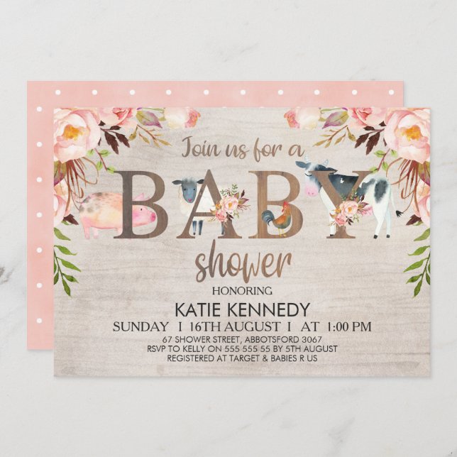 Floral Rustic Farm Animals Baby Shower Invitation (Front/Back)