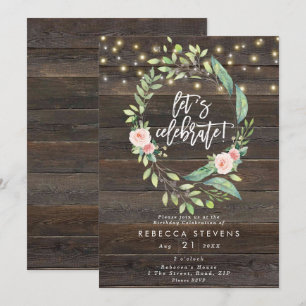 floral rustic lights let's celebrate birthday invitation