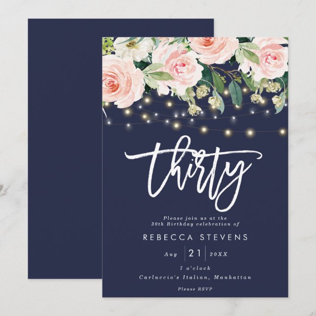 floral rustic lights navy 30th birthday invitation (Front/Back)