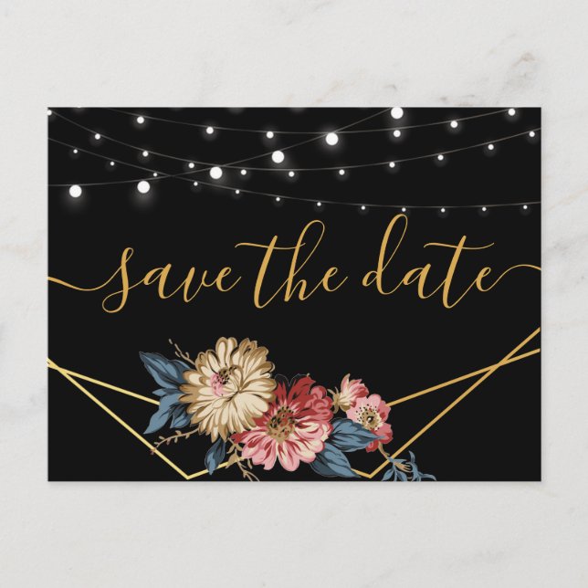 Floral Rustic Magnolia String Lights Save the Date Announcement Postcard (Front)