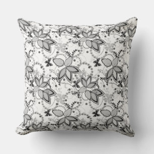 Floral rustic pattern retro black and white  throw pillow