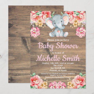 Floral Rustic Pink Girl Wood Elephant Baby Shower Invitation