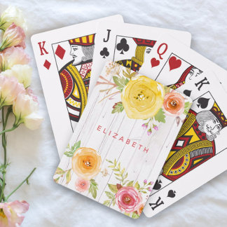 Floral rustic pink yellow watercolor, white wood playing cards