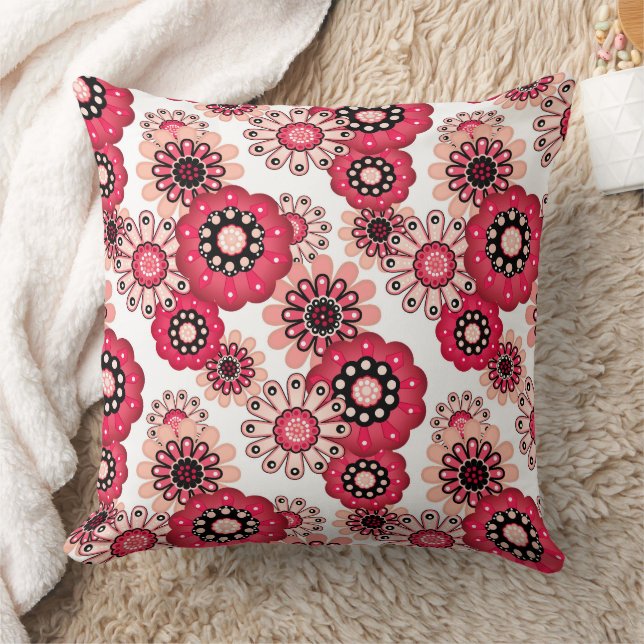 Floral rustic retro red and white throw pillow (Blanket)