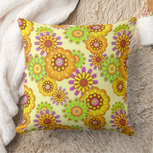 Floral rustic retro yellow and green throw pillow