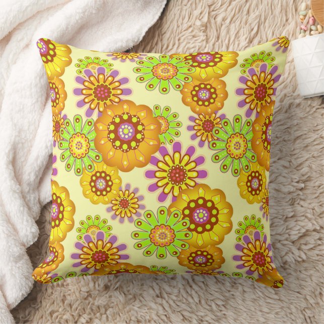 Floral rustic retro yellow and green throw pillow (Blanket)