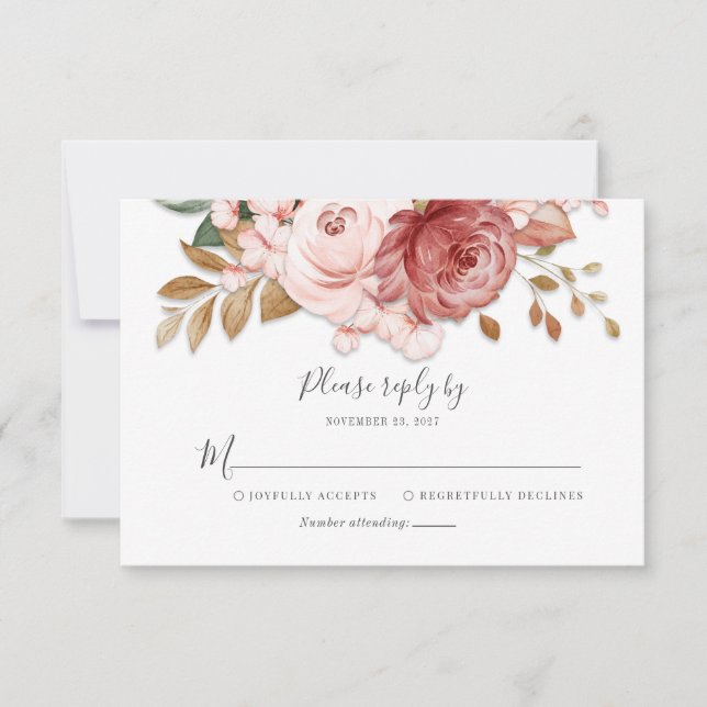 Floral Rustic Script Botanical Bloom Wedding RSVP Card (Front)