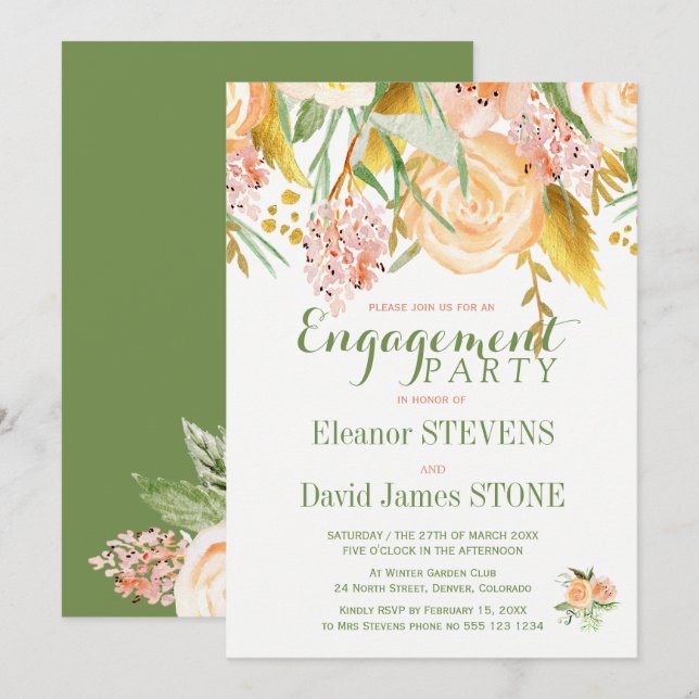 Floral rustic spring engagement party invite (Front/Back)