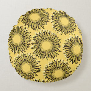 Floral Rustic Sunflower Hand Drawn Round Pillow