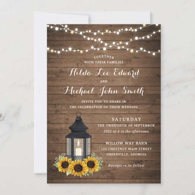 Floral Rustic Sunflower Wood Lantern String Lights Invitation (Front)
