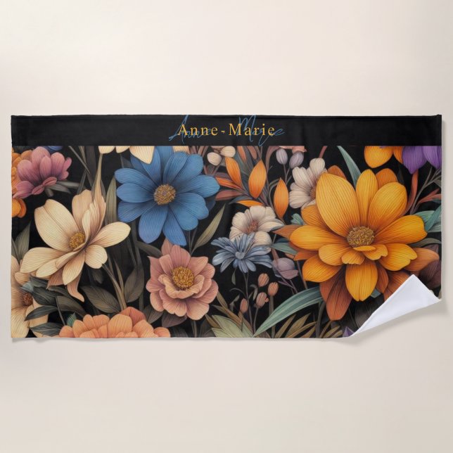 Floral rustic vintage elegant black beach towel (Front)