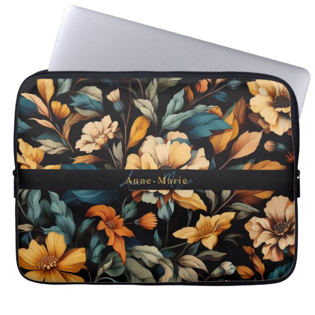 Floral rustic vintage elegant black laptop sleeve (Front)