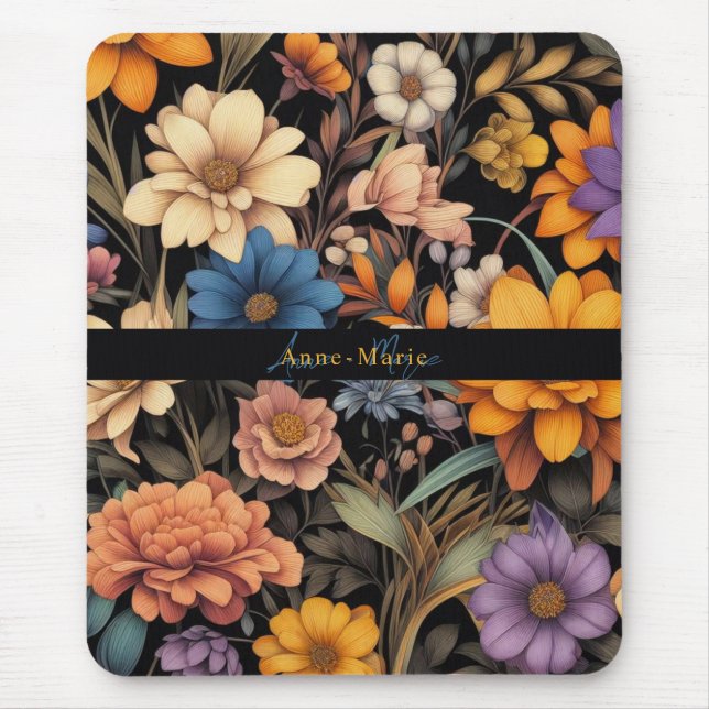 Floral rustic vintage elegant black mouse pad (Front)