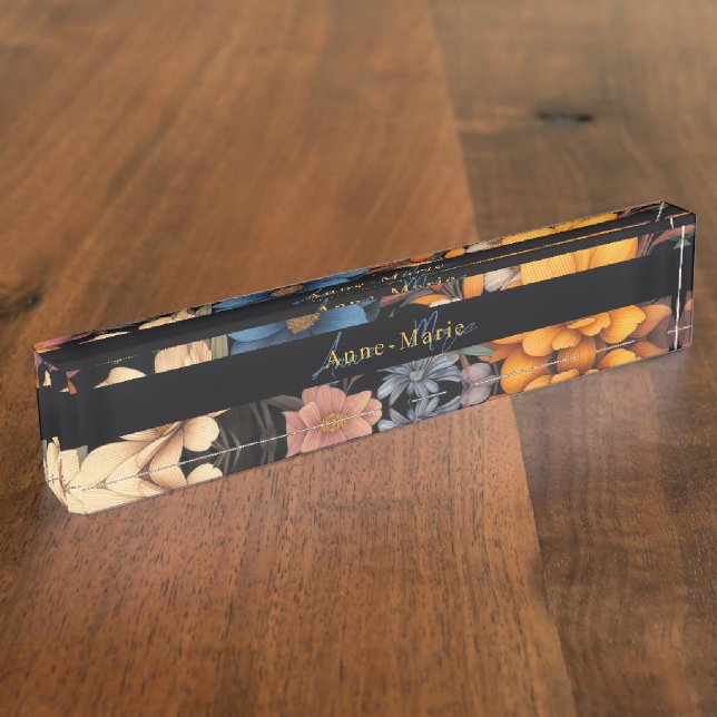 Floral rustic vintage elegant black nameplate (Side)