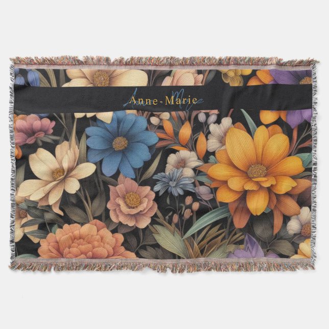 Floral rustic vintage elegant black throw blanket (Front)