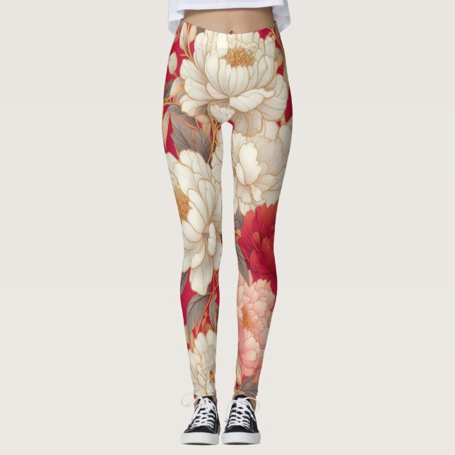 Floral rustic vintage elegant red leggings (Front)