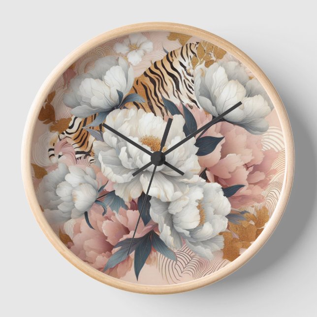 Floral rustic vintage elegant tiger clock (Front)