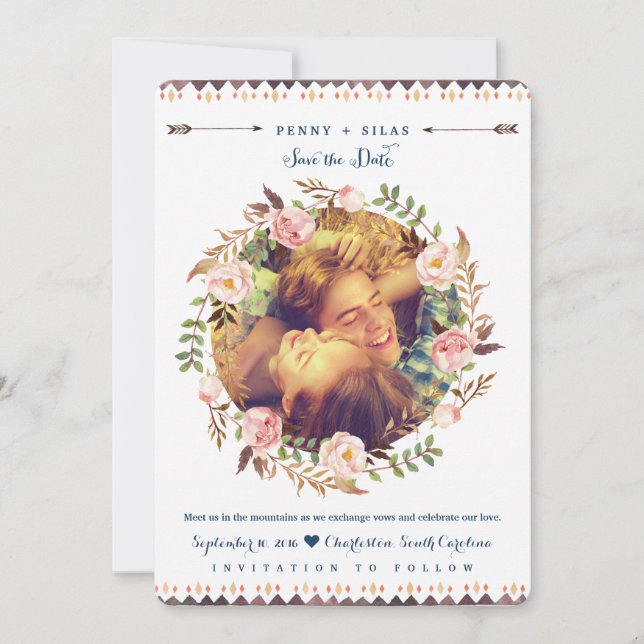 Floral Rustic Watercolor Photo Save the Dates Date (Front)
