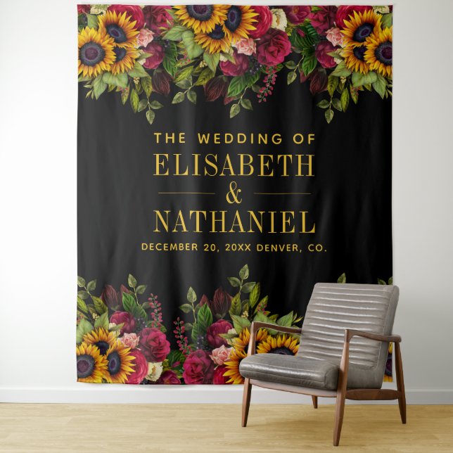 Floral rustic wedding photo booth black backdrop tapestry (In Situ)