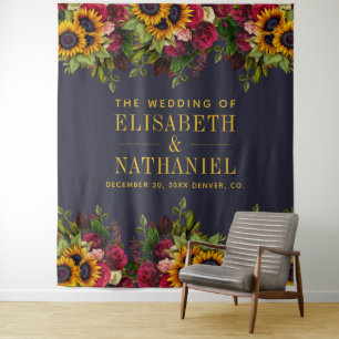 Floral rustic wedding photo booth navy backdrop tapestry