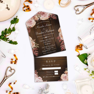 Floral Rustic Wood and String Lights Wedding All In One Invitation