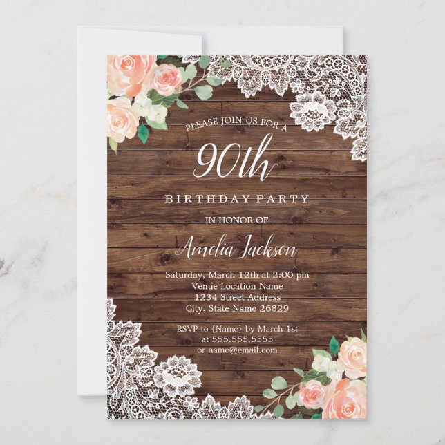Floral Rustic Wood Lace 90th Birthday Invitation (Front)