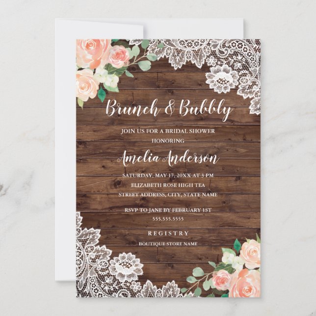 Floral Rustic Wood Lace Brunch And Bubbly Invitation (Front)