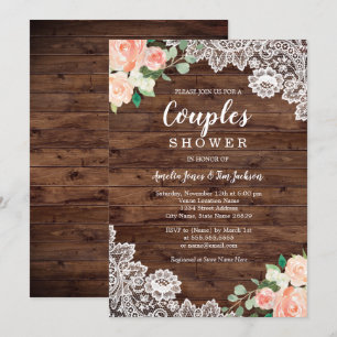Floral Rustic Wood Lace Couples Wedding Shower Invitation