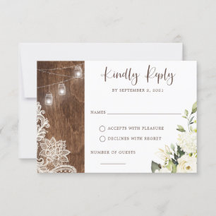 Floral Rustic Wood Lace String Lights Mason Jar Invitation