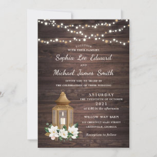 Floral Rustic Wood Lantern Magnolia String Lights Invitation