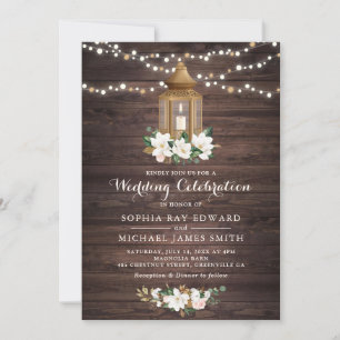 Floral Rustic Wood Lantern Magnolia String Lights Invitation