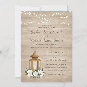 Floral Rustic Wood Lantern Magnolia String Lights Invitation