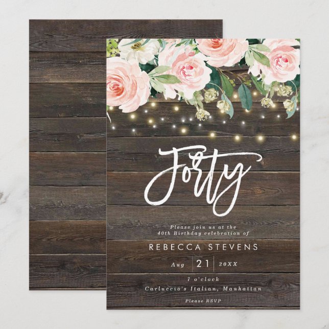 floral rustic wood lights 40th birthday invitation (Front/Back)