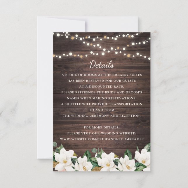 Floral Rustic Wood Magnolia String Lights Details Invitation (Front)