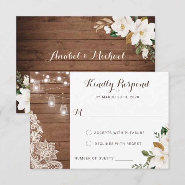 Floral Rustic Wood String Lights Magnolia RSVP Invitation (Front/Back)