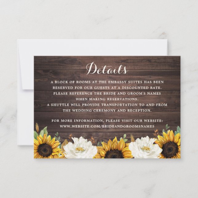 Floral Rustic Wood Sunflower Greenery Barn Details Invitation (Front)